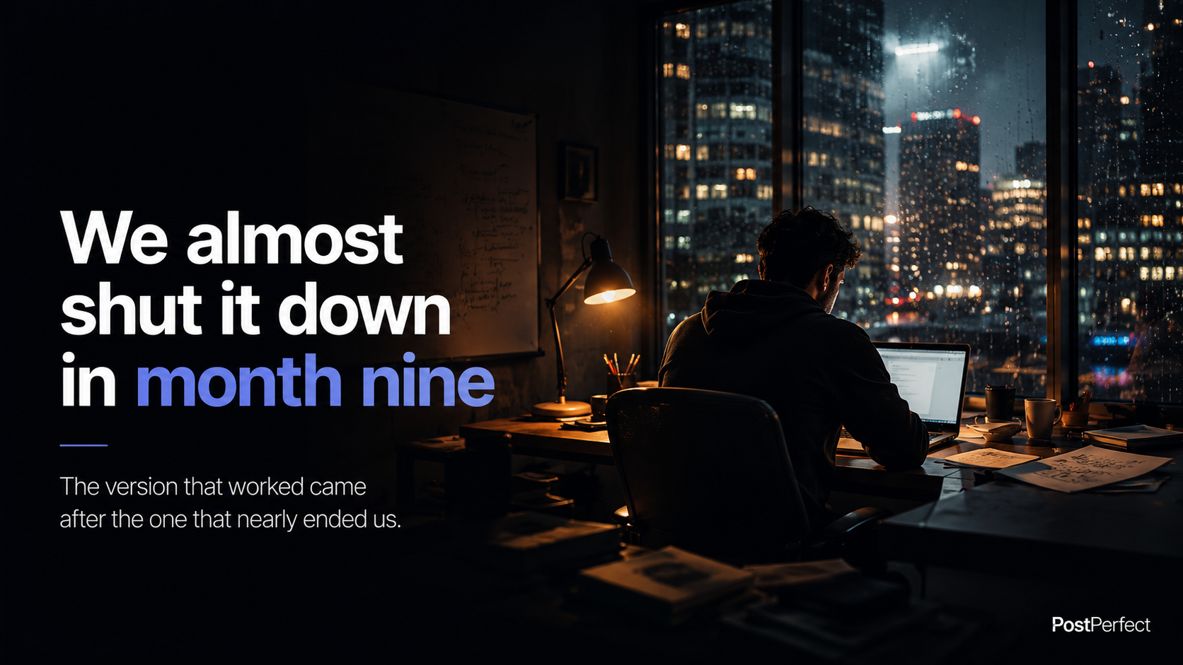 Founder Story LinkedIn visual: We almost shut it down in month nine